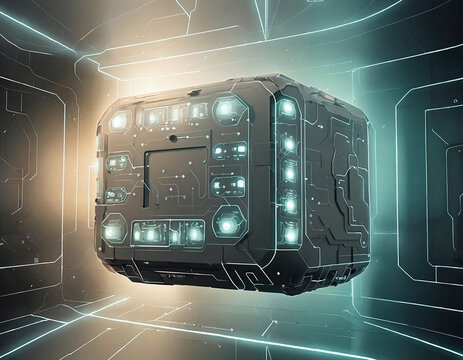 Futuristic sci-fi cube with glowing LED lights floating in digital space