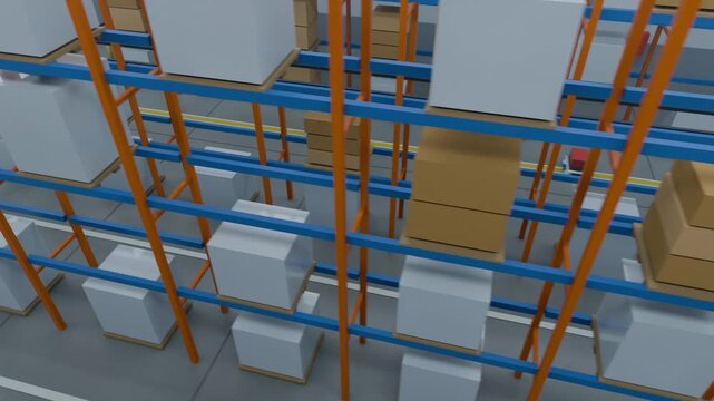 Starting camera tracking pallet racking in warehouse, AGVs following yellow guide for handling