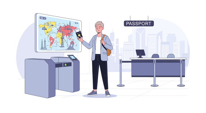 Traveler with passport at airport immigration security checkpoint and world map