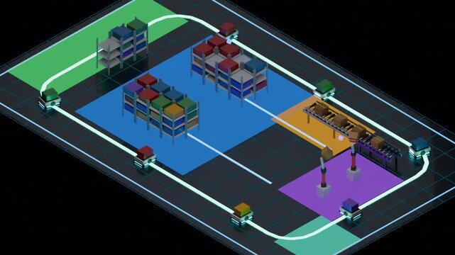 Circulating robots navigating warehouse guide path on play, pausing at conveyor shelves for loading