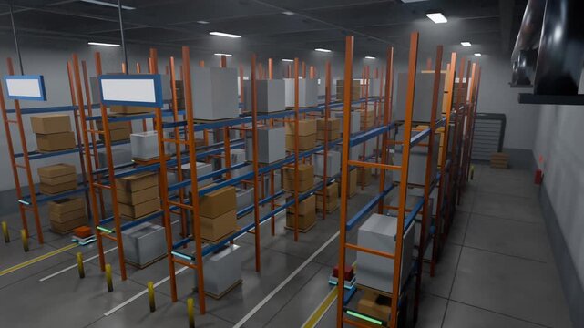 Panning warehouse showing pallet racking with boxes while AGVs moving on yellow lines for loading