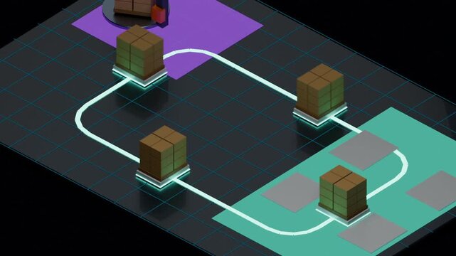 Lighting white path pushing four lit pads circling boxes clockwise on grid, purple stack, teal zone