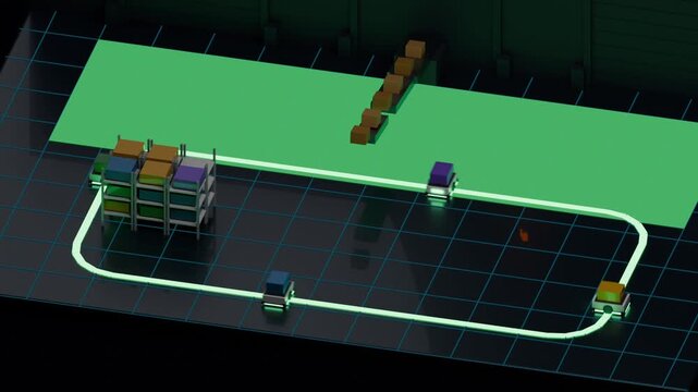 Leaving four robots on signal circling neon loop, picking box for shelves and platform service