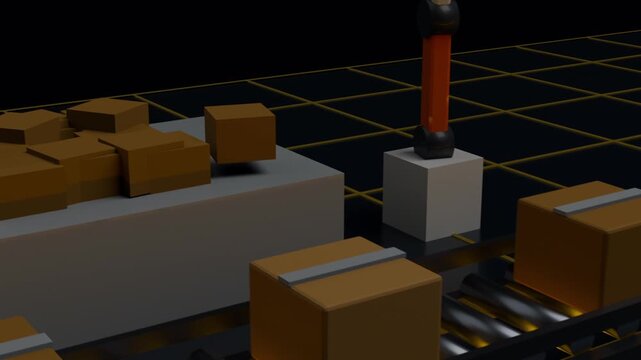 Advancing conveyor carrying boxes rightward in studio, orange arm picking for sorting near staging
