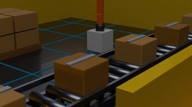 Moving conveyor carrying strapped boxes in plant, area clearing, module marking orange spot on grid