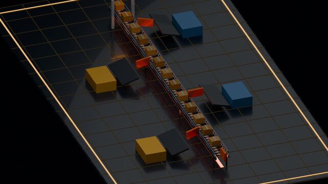 Moving center belt with tan boxes on grid, arrival activating red paddles sorting to bins
