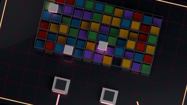 Hopping hover cubes triggered by glowing pads, traversing tile matrix on dark base, pulsing tiles
