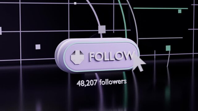Entering white cursor from right hovering clicking FOLLOW button on dark floor, adding follower