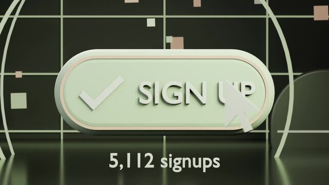 Large white cursor arrow moving then clicking rounded SIGN UP button in 3D scene registering signup