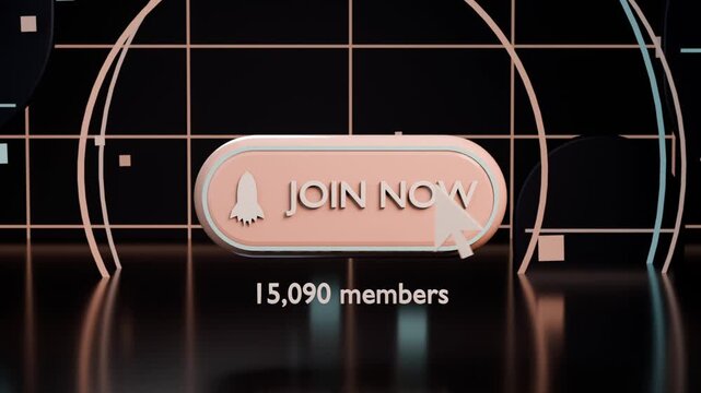 Moving large white cursor from right, clicking JOIN NOW button with rocket on stage, updating count