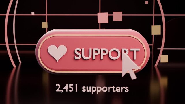 Clicking arrow creating ripple on SUPPORT button, adding 1 to counter and moving particles on stage