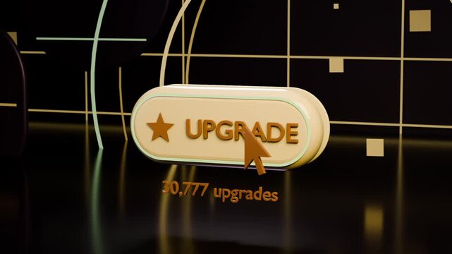 Moving large arrow cursor pressing cream UPGRADE button on black studio, updating counter to 30,778