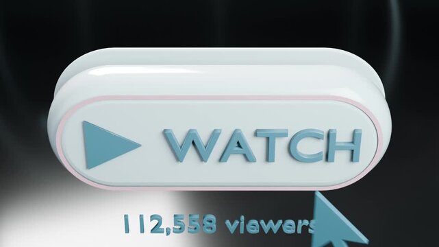 Moving pastel cursor from right and pressing 3D WATCH pill on glossy surface, updating viewer count