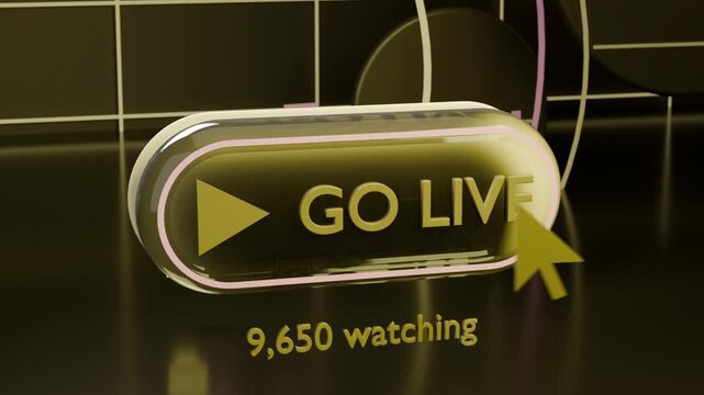 Entering yellow cursor arrow clicking glossy GO LIVE button in 3D studio, incrementing viewer count