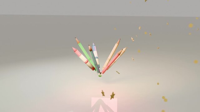 Appearing green base making six color pencils fanning outward on pale backdrop, gold stars drifting