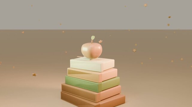 Floating gold stars causing boxes rising, stacking on warm tan studio, apple landing tabs sliding