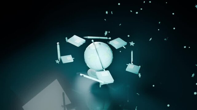 Emerging from teal glow, globe on stand rotating in studio, forming orbiting notebooks and pencils