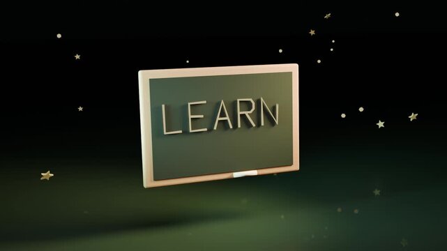 Fading framed green chalkboard rotating in studio, 3D letters forming LEARN with stars, eraser
