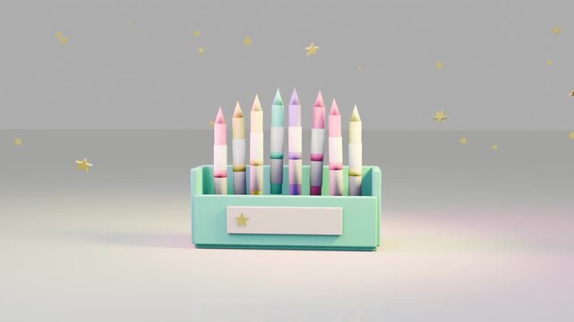 Appearing near horizon, scaling mint box settling in studio, revealing pastel pencils and stars