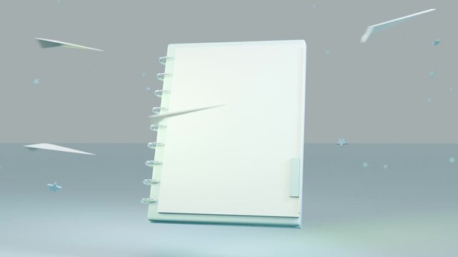 Expanding white square unfolding into spiral notebook in studio tilting, rotating amid paper planes