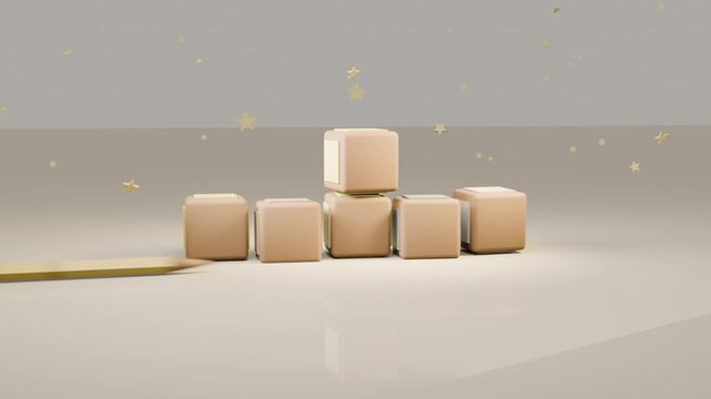 Spotlight rising, beige cubes dropping, stacking into pyramid on stage, pencil sliding, gold stars