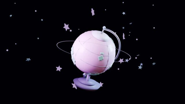 Emerging from black frame pastel pink globe rotating on purple pedestal in studio, with orbit rings