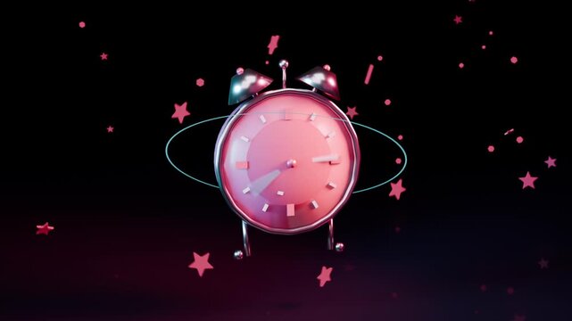 Expanding dot forming pink alarm clock bobbing on dark backdrop, cyan ring orbiting with pink stars