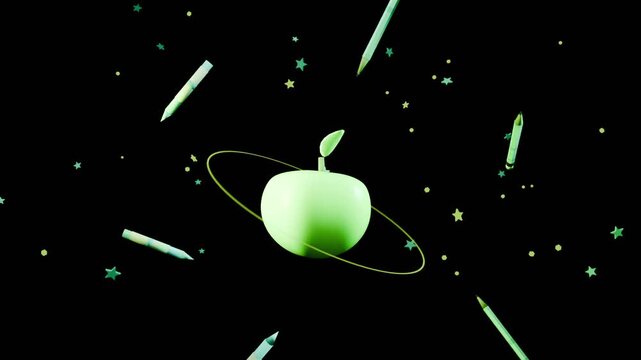 Brightening dot expanding into center green apple over stars, with yellow ring and orbiting pencils