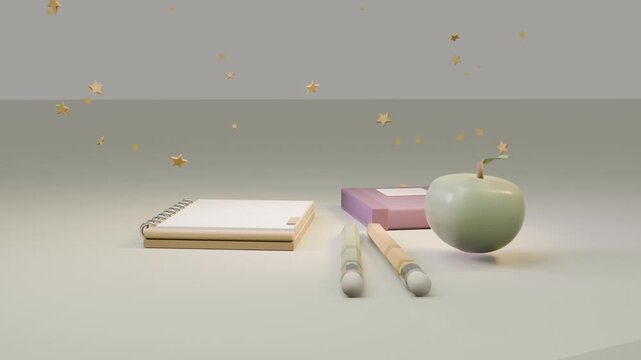 Floating apple rotating above table after gold confetti appearing, with notepad, pens, copy space