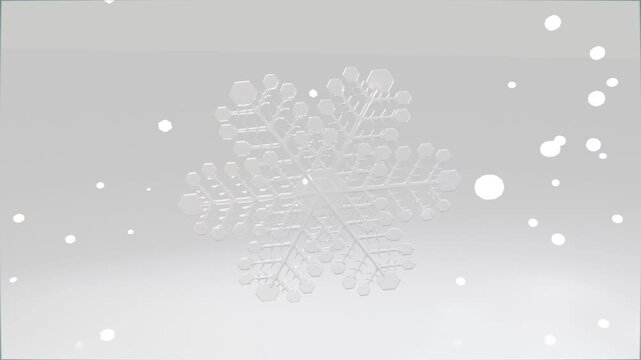 Zooming camera revealing frosted six-arm snowflake rotating and tilting in studio with particles