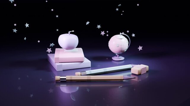 Appearing dot turning into apple, settling on books at studio forming school motif, globe, pencils