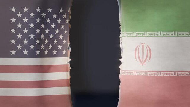 Center darkening appearing, US and Iran flags ripping open over studio graphic, exposing black void