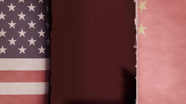Frame three revealing US and China flags tearing in paper animation, exposing dark gap