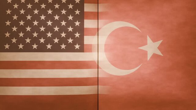 Splitting United States and Turkish flags tearing along center seam in studio, revealing dark void