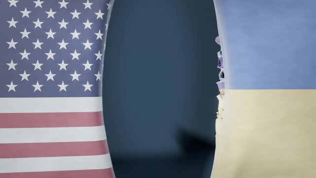 Blending US flag and blue-over-yellow flag in studio, dark panel moving to center forming seam
