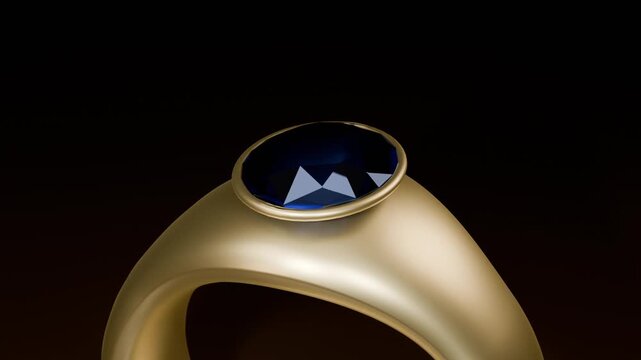 Rotating gold signet ring with camera pulling back revealing bezel-set gem for showcase in studio