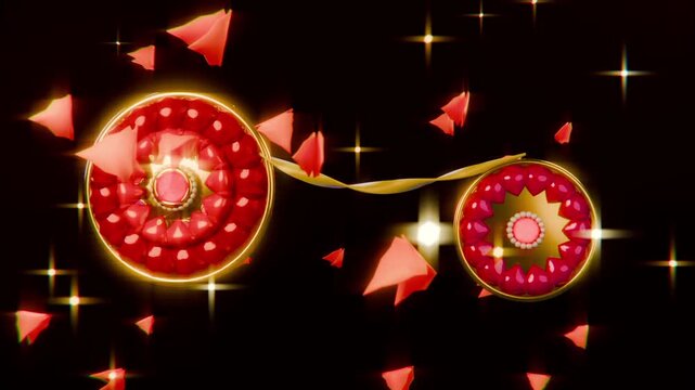 Showing medallion pair starting petals drifting across black void, ribbon, glints forming decor