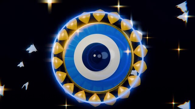 Rotating centered emblem in void on start, with blue disc, gold teardrops, birds crossing for glow