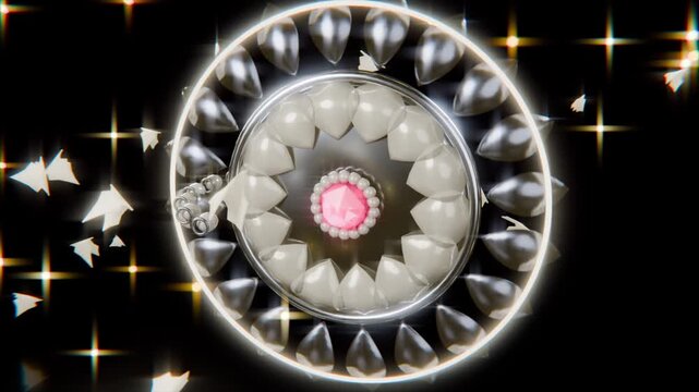 Rotating ornate ring revealing teeth near pink gem while fragments enter left on black void
