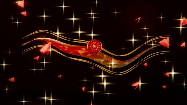 Undulating red ribbon band with rosette reacting to red petals entering frame, against black stars