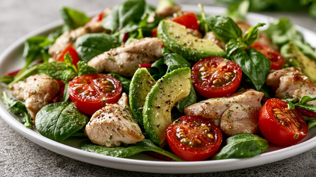 Fresh grilled chicken salad with avocado, cherry tomatoes, and spinach greens, offering a healthy, protein rich meal for diet and fitness