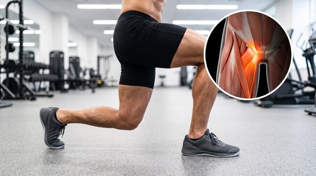 Groin and hip flexor strain concept with glowing red anatomy overlay on an athlete performing a lunge in a gym