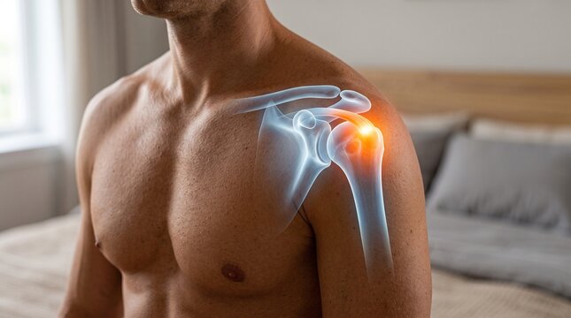 Rotator cuff shoulder pain concept with glowing red joint anatomy overlay on a bare shoulder and upper arm