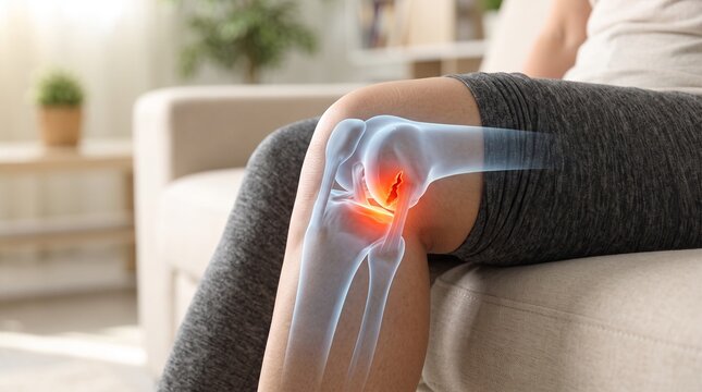 Knee joint pain concept with glowing red inflammation and transparent bone anatomy overlay on a bent knee