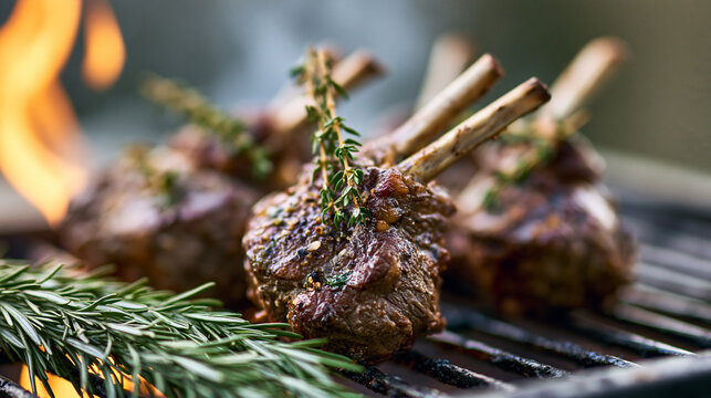 Grilled lamb chops seasoned with fresh rosemary and thyme cooking over hot coals on a barbecue, creating succulent meat for outdoor summer dining