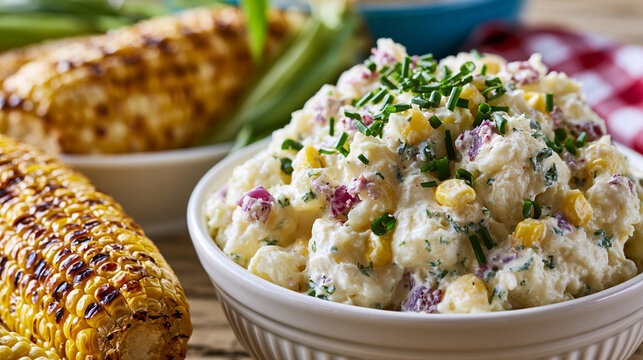 Creamy homemade potato salad with fresh chives, sweet corn, and red onion, preparing for a summer picnic or backyard barbecue cookout with grilled corn cobs