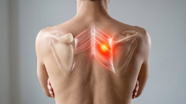 Upper back and shoulder blade pain concept with glowing red muscle anatomy overlay on a bare back rear view
