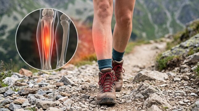 Tibialis anterior shin pain concept with glowing red muscle anatomy overlay on a leg on an outdoor trail
