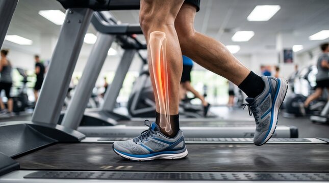 Shin splints concept with glowing red bone inflammation overlay on legs running on a treadmill in a gym
