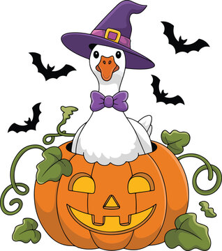  Cute Halloween Goose in Witch Hat with Pumpkin

